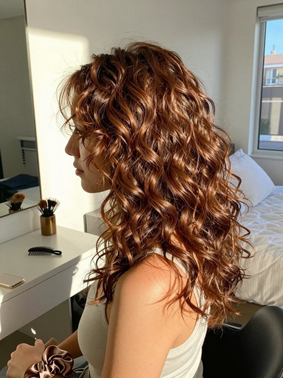 Photo of a woman wearing bronze brown curls with warm shine and soft volume, side profile view, sun-drenched bedroom setting, natural window light, with a hair pick on the vanity and a silk scrunchie on her wrist, latest iPhone photo quality.