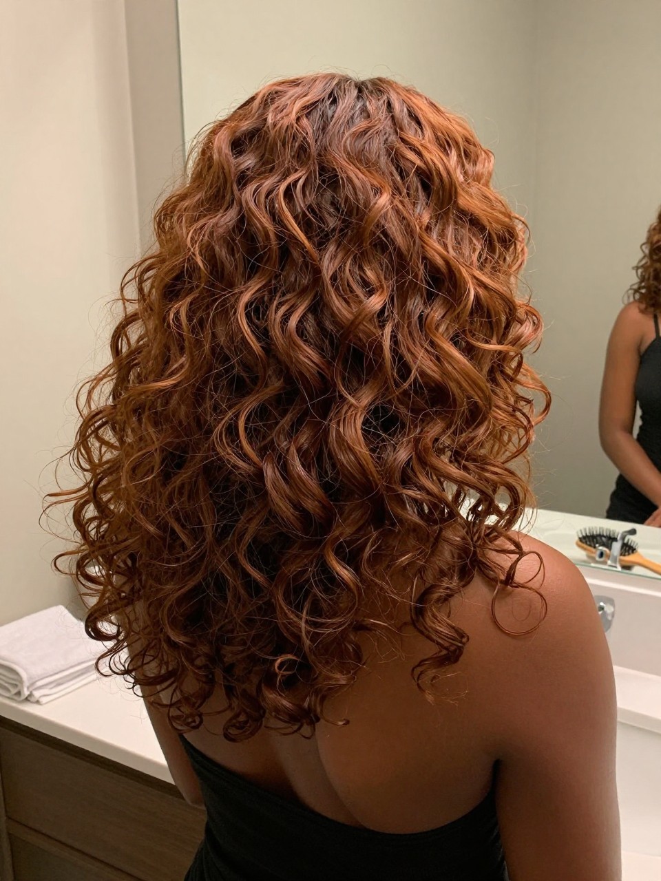 Photo of a black woman wearing warm chestnut curly hair with soft defined curls and glossy shine, back-of-head view to highlight the warm brown-red tone, bathroom vanity mirror setting, soft indoor lighting, with a microfiber towel nearby and a hairbrush on the vanity, latest iPhone photo quality.