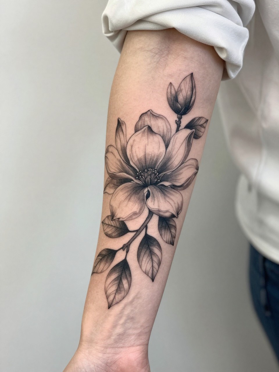 Image Prompt: "Extreme close-up of a magnolia and leaf sleeve tattoo extending from upper arm to forearm, black and grey floral design, broad petals, soft shading, fine line botanical leaves, realistic skin texture, silk blouse cuff softly visible, feminine tattoo inspiration image, soft minimal background, tattoo is the clear main subject (no watermarks on images)"