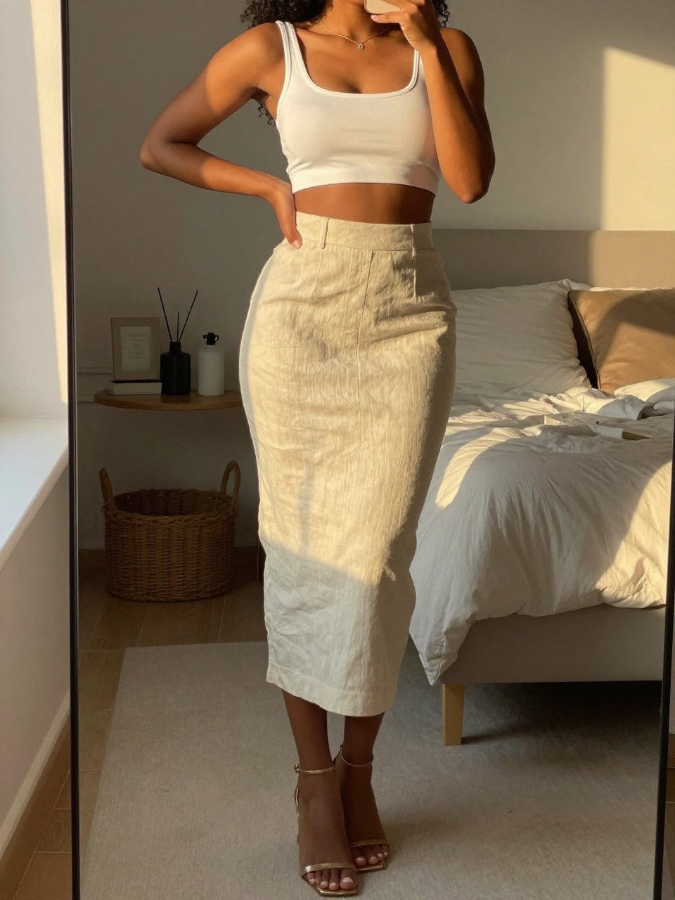 mirror selfie of a black woman wearing a white crop top with a cream high-waisted linen pencil skirt and heeled sandals, one hand on her hip, cropped at NECK so face doesn't show, in a feminine-themed bedroom, evening golden hour, iPhone photo quality.