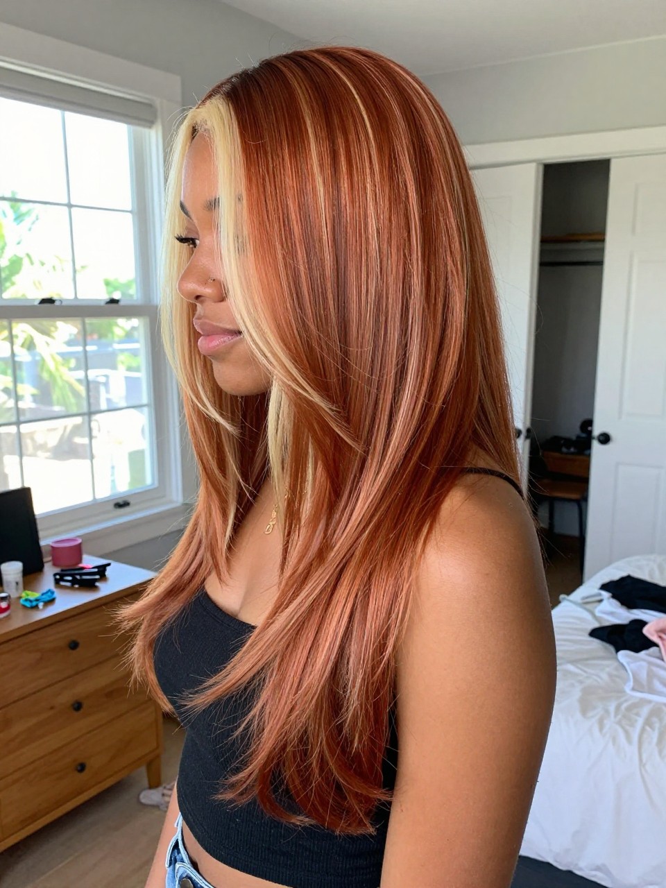Photo of a carribean woman wearing long copper layered hair with creamy blonde highlights and soft body, side profile view, in a sun-drenched bedroom, natural window light, containing a small lived-in detail such as sectioning clips on the dresser and a slightly open closet behind, latest iPhone photo quality.