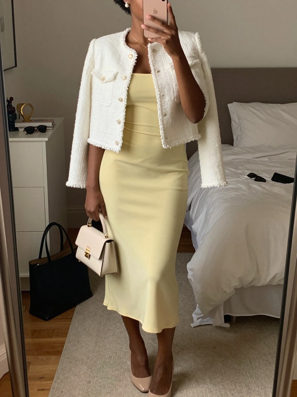 mirror selfie of a black woman wearing a soft butter yellow midi dress with a white cropped tweed jacket, nude closed-toe heels, small pearl earrings, and a cream mini handbag, holding a phone in front of a mirror, cropped at NECK so face doesn't show, with a natural casual selfie pose, in a feminine-themed bedroom, warm moody lighting, including small lived-in details like a tote bag on the floor, sunglasses on a dresser, or soft bedding in the background, latest iPhone photo quality.