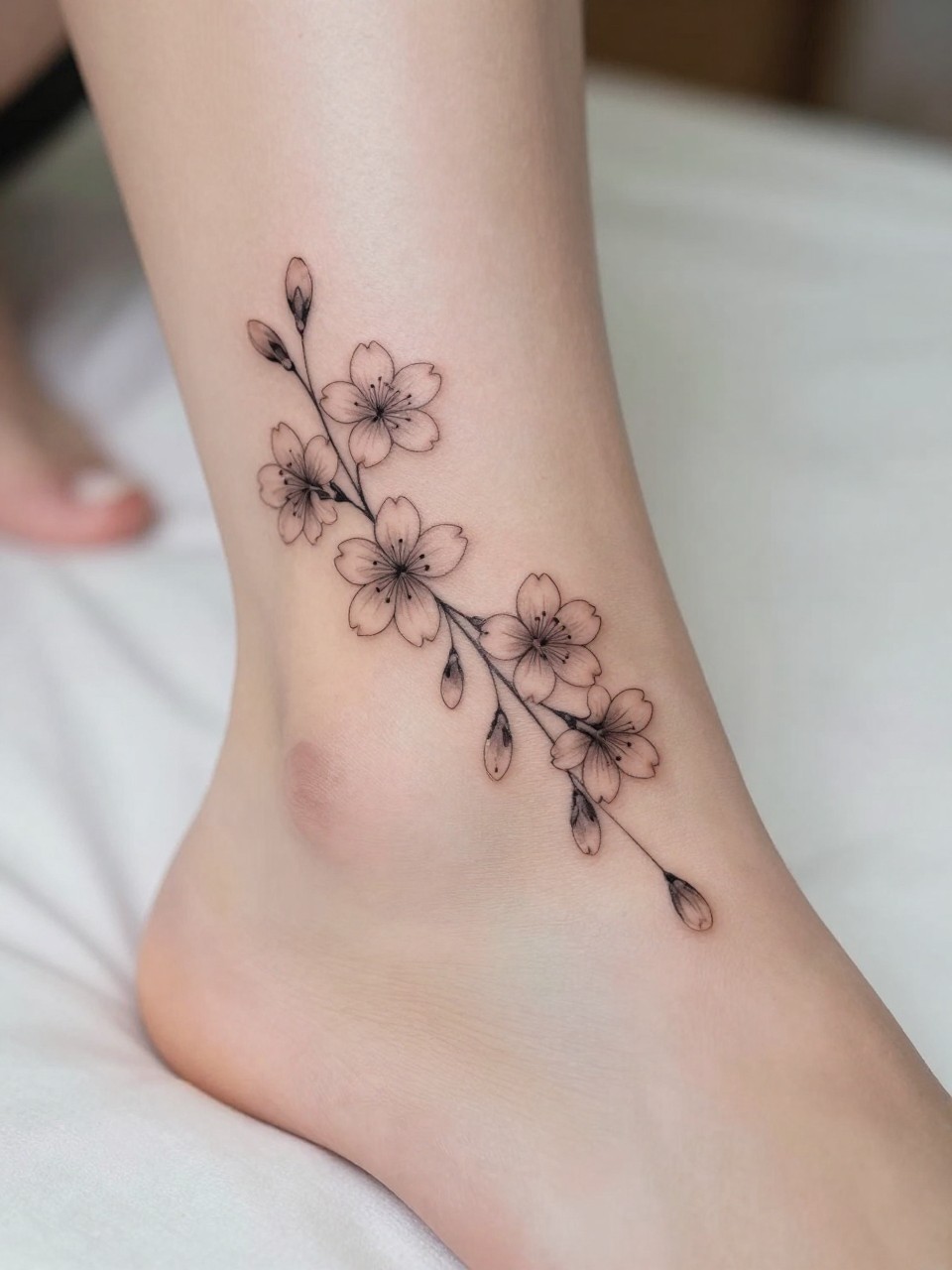 Image Prompt: "Macro shot of a minimalist sakura tattoo on the ankle, black ink fine line floral design with tiny cherry blossom petals and very subtle shading, realistic skin texture, neutral pedicure, soft bedding in the background, design-first composition, modern feminine tattoo inspiration photo, tattoo clearly in focus (no watermarks on images)"