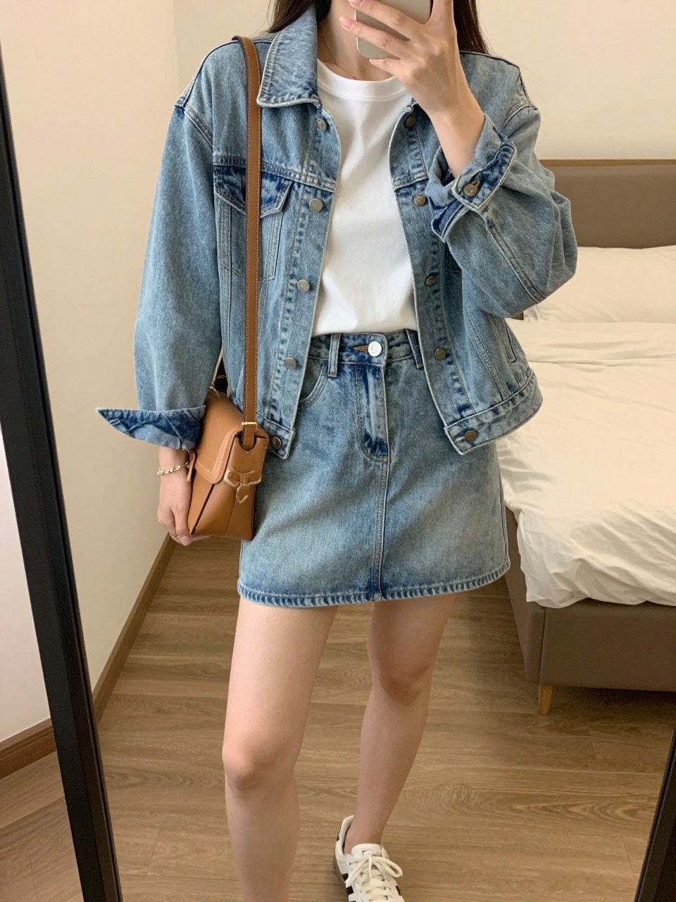 mirror selfie of a woman wearing a white tee tucked into a light blue denim mini skirt with a light-wash denim jacket worn open and white sneakers, holding a tan leather crossbody bag, standing in a casual classic pose, cropped at NECK so face doesn't show, in a feminine-themed bedroom, warm moody lighting, iPhone photo quality.