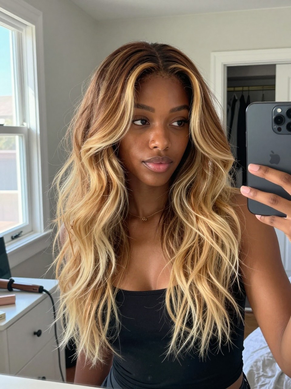 Photo of a black woman wearing toasted coconut balayage with darker roots and creamy blonde ends in loose beachy waves, candid mirror selfie, sun-drenched bedroom setting, natural window light, with a curling iron on the dresser and a slightly open closet behind, latest iPhone photo quality.