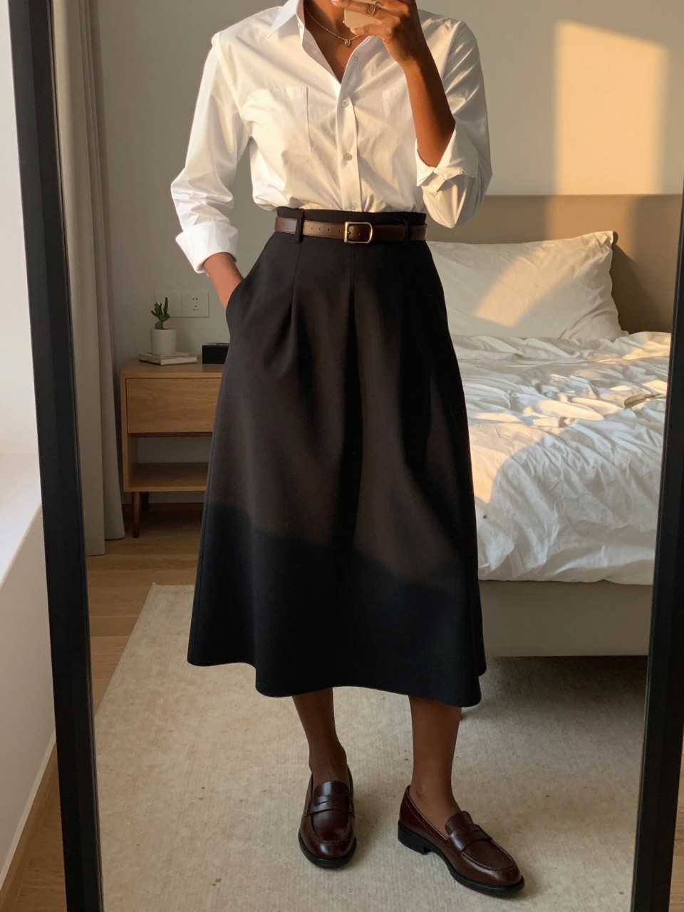mirror selfie of a black woman wearing a white button-down shirt tucked into a black crepe midi skirt with brown leather loafers and a matching belt, one hand in her pocket, cropped at NECK so face doesn't show, in a feminine-themed bedroom, evening golden hour, iPhone photo quality.