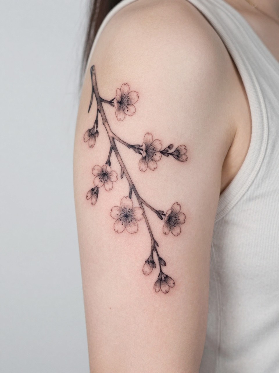 Image Prompt: "Close-up of a sakura branch tattoo on the upper arm, black ink floral design with fine line branch, tiny cherry blossoms, and soft grey shading, medium-size composition, realistic skin texture, sleeveless blouse edge softly visible, modern feminine tattoo inspiration image, minimal clean background, tattoo dominates the image (no watermarks on images)"