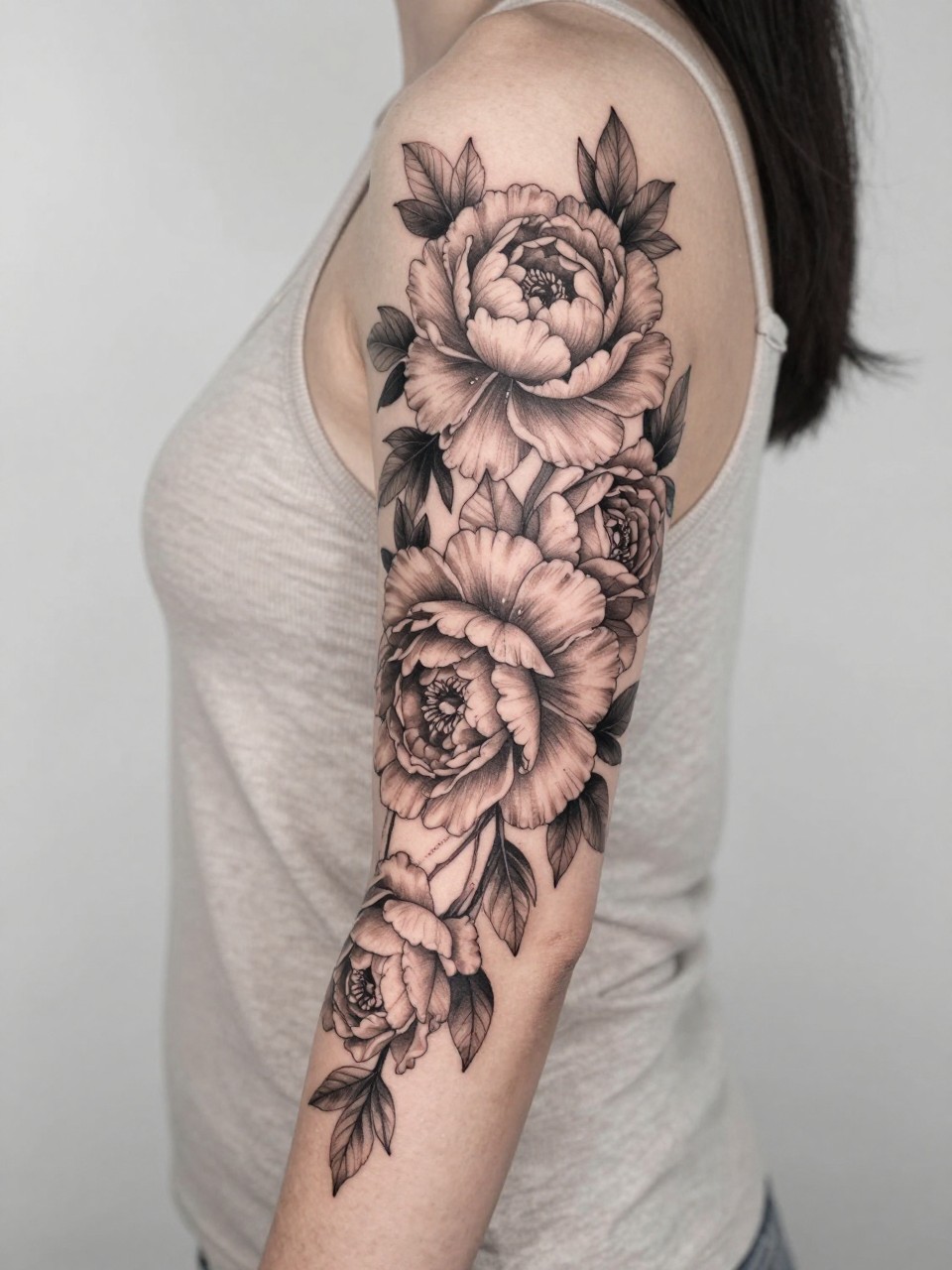 Image Prompt: "Extreme close-up of a flower sleeve tattoo featuring peonies and roses flowing from upper arm to forearm, black and grey ink, layered petals, soft shading, fine line leaves, full sleeve composition, realistic skin texture, sleeveless neutral top softly visible, design-focused close-up, modern feminine tattoo inspiration photo, clean minimal background, tattoo is the clear main subject (no watermarks on images)"