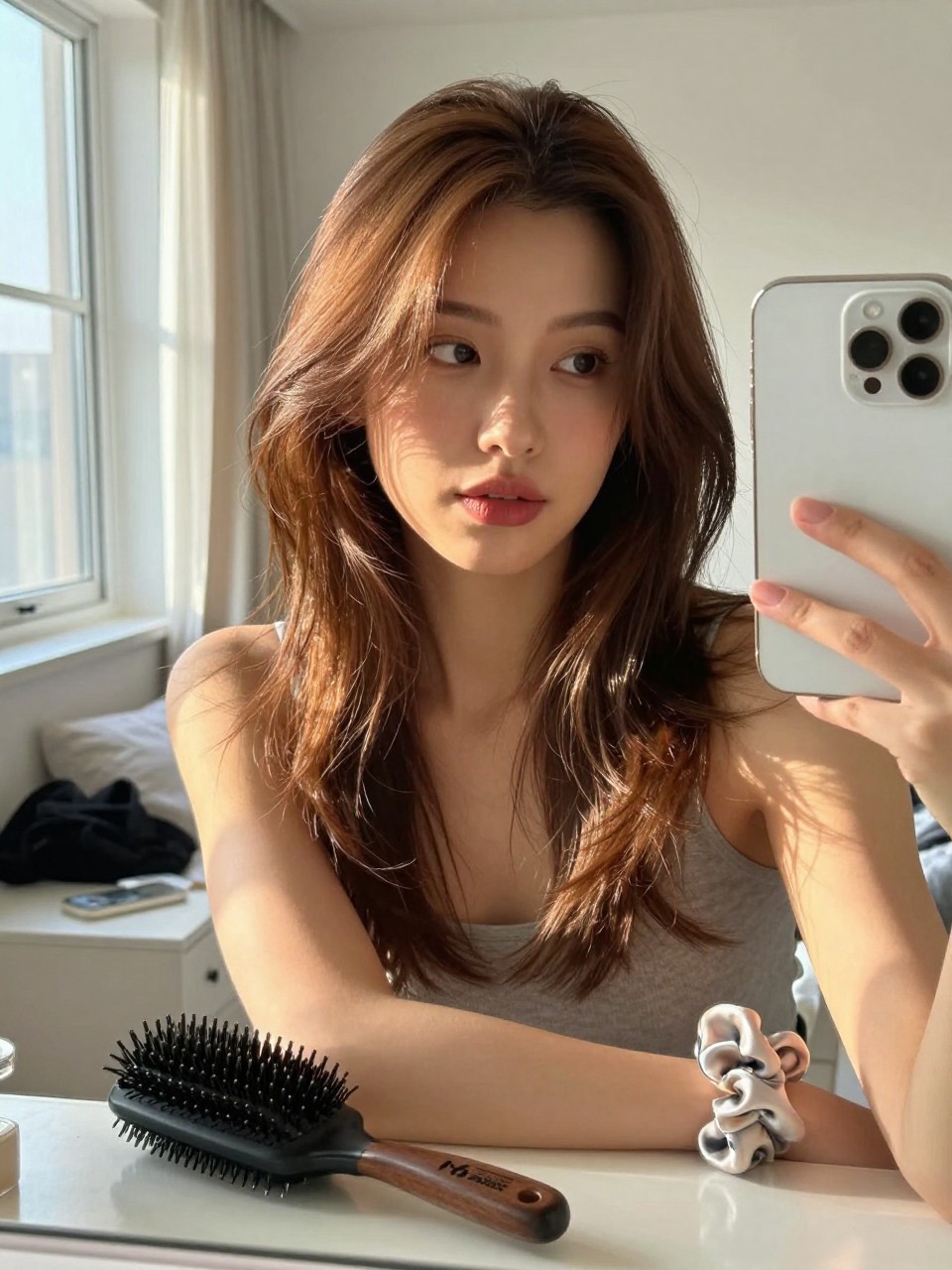 Photo of a woman wearing warm toffee brown hair with soft face-framing layers, candid mirror selfie, sun-drenched bedroom setting, natural window light, with a blowout brush on the dresser and a silk scrunchie on her wrist, latest iPhone photo quality.