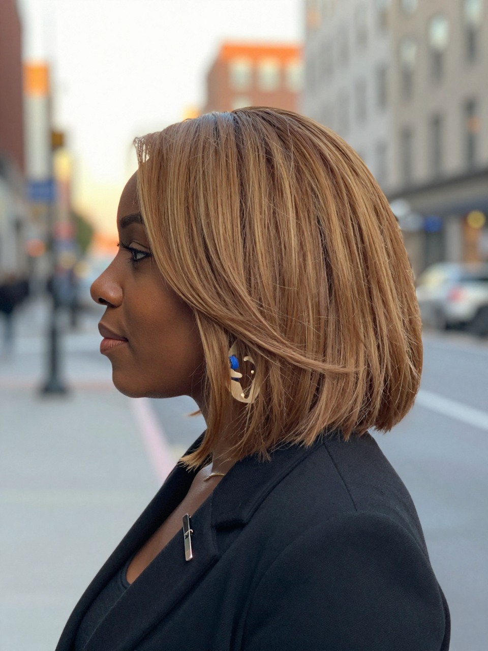 Photo of a black woman wearing a sandy brown lob with soft relaxed bends, side profile view, softly blurred city street background, golden hour glow, with statement earrings peeking through and a hair clip clipped to her collar, latest iPhone photo quality.