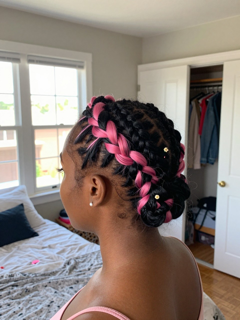 Photo of a black woman wearing a braided crown on black hair with pink highlights woven throughout, back-of-head view to highlight details, in a sun-drenched bedroom, natural window light, containing a small lived-in detail such as a tiny flower pin and a slightly open closet behind, latest iPhone photo quality.