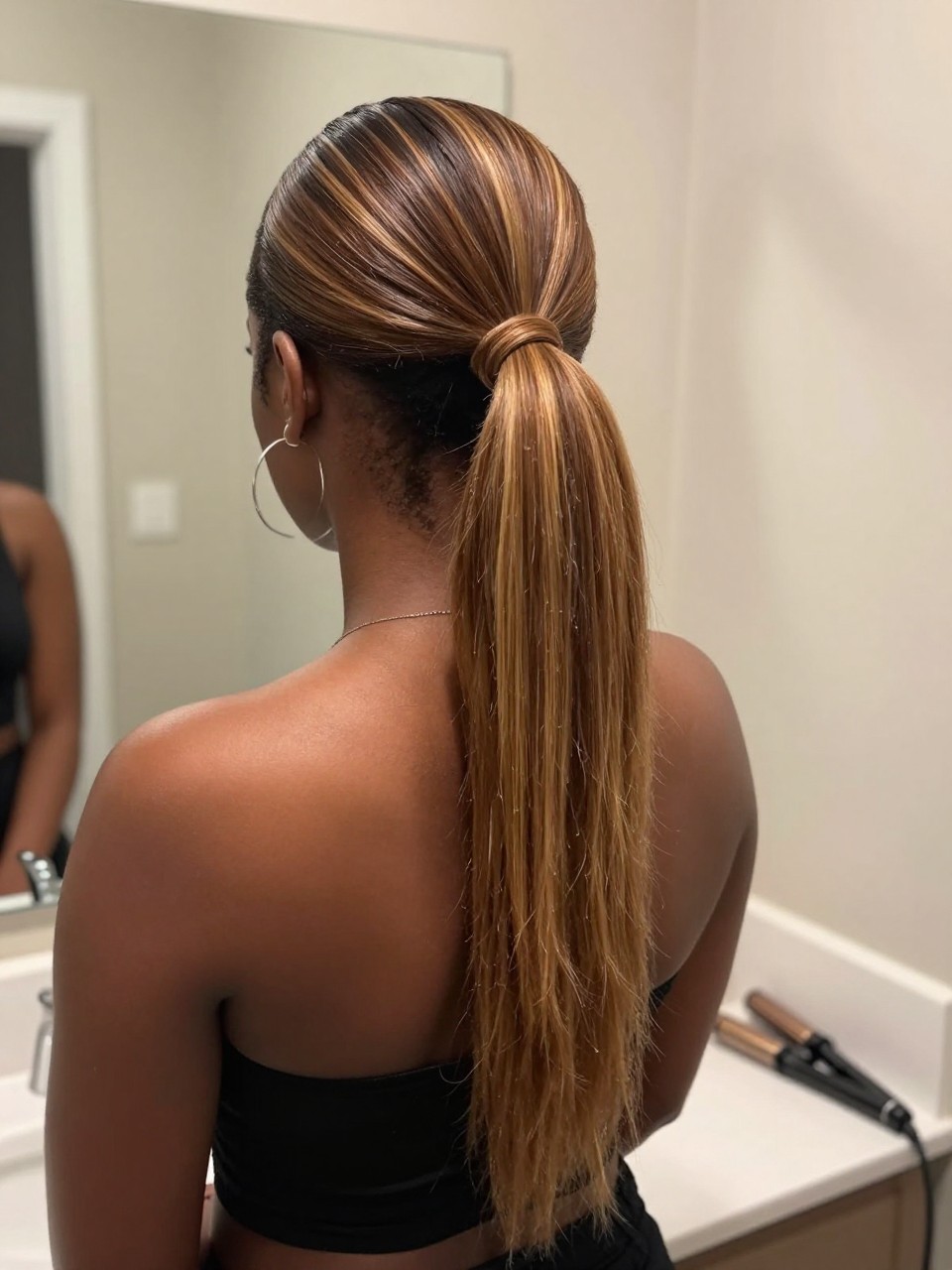 Photo of a Black woman wearing a sleek mid ponytail with brown hair and golden brown highlight panels through the tail, back-of-head view to highlight details, at a bathroom vanity mirror, soft indoor lighting, containing a small lived-in detail such as a flat iron on the counter and hoop earrings peeking through, latest iPhone photo quality.