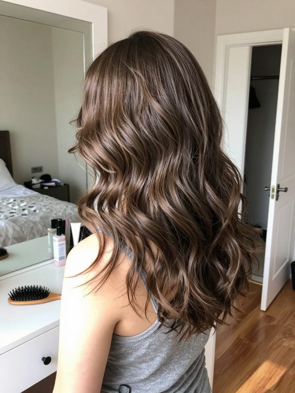 Photo of a woman wearing ash brown curly balayage with soft blended curls, back-of-head view to highlight the cool color blend, sun-drenched bedroom setting, natural window light, with a hairbrush on the vanity and a slightly open closet behind, latest iPhone photo quality.