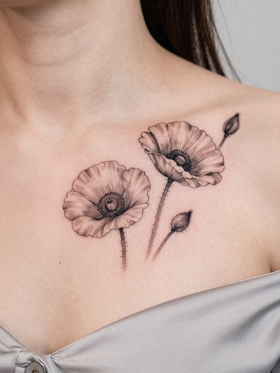 Image Prompt: "Design-focused close-up of two poppy flower tattoos along the collarbone, black ink fine line floral design with soft open petals and subtle shading, realistic skin texture, satin blouse neckline barely visible, close-up tattoo visibility, feminine modern tattoo inspiration photo, minimal soft background, tattoo is the clear hero (no watermarks on images)"