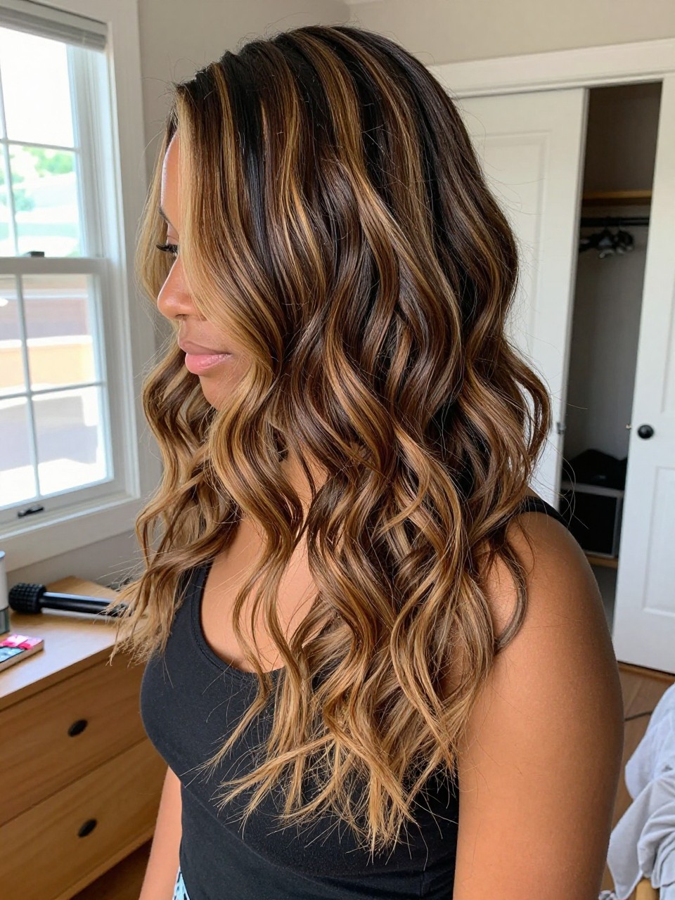 Photo of a black woman wearing golden brown balayage on brunette hair in loose textured waves, back-of-head view to highlight the blended color, sun-drenched bedroom setting, natural window light, with a curling wand on the dresser and a slightly open closet behind, latest iPhone photo quality.