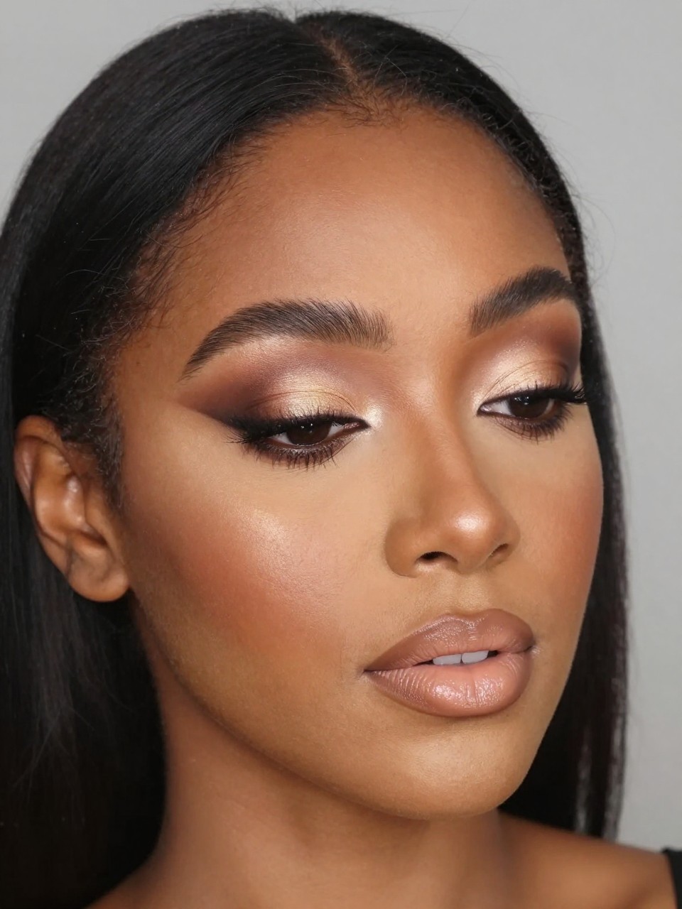 IMAGE_PROMPT: Super realistic close-up beauty portrait of a Black woman wearing classy nude makeup with soft cocoa smoky eyeshadow, espresso brown outer corner shading, softly smudged brown liner, subtle warm gold highlight, nude beige glossy lips, satin skin, and full feathery brows, shot from a three-quarter view, with soft vanity lighting that clearly reveals the smoky eye blend and realistic skin texture, realistic skin texture, sleek black hair pulled back, minimal blurred background, feminine modern beauty photography, latest iPhone photo quality (no watermarks on images).