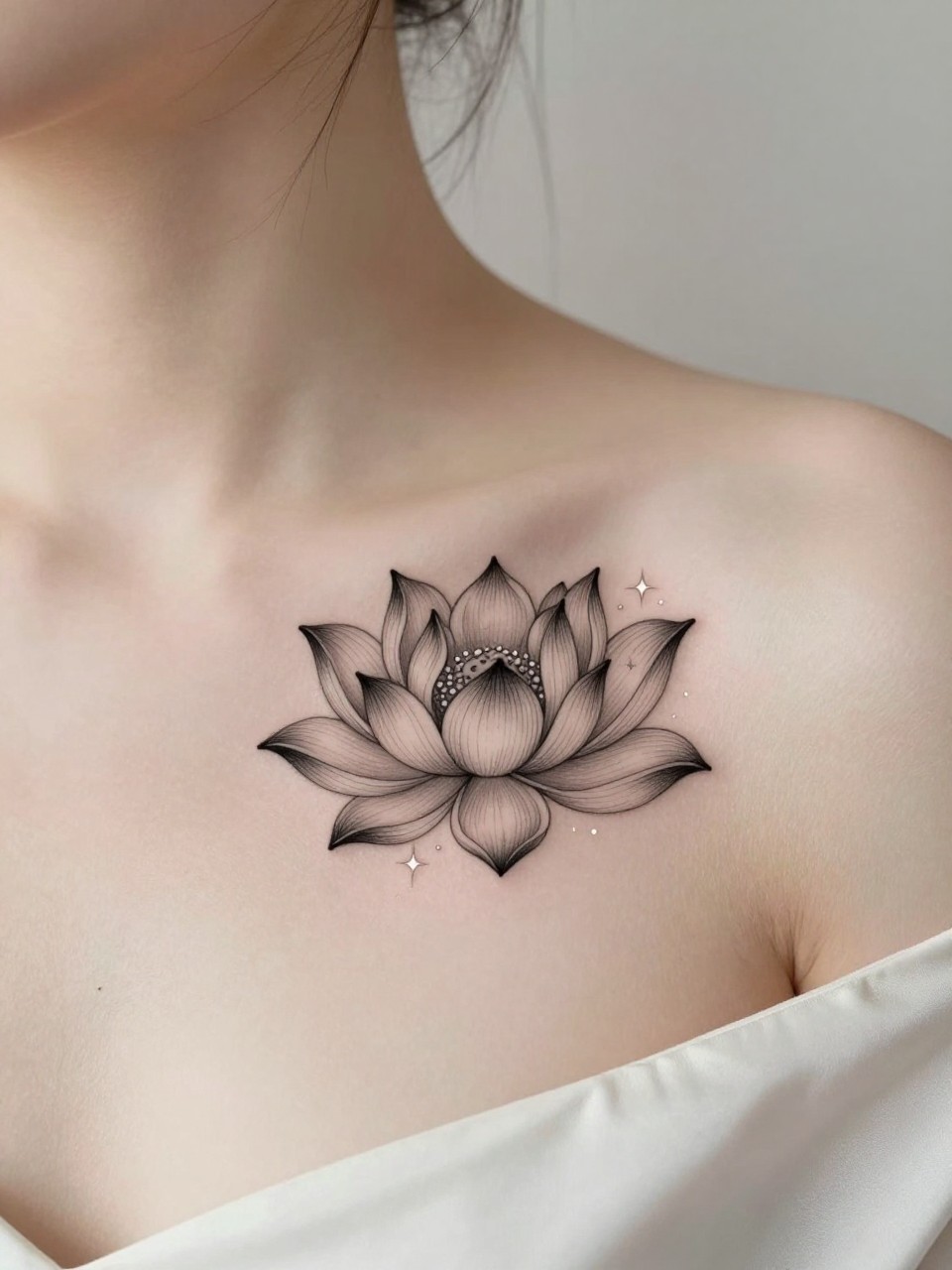 Image Prompt: "Macro shot of a lotus flower tattoo with tiny sparkle accents on the collarbone, black ink fine line style, delicate petals, small star-like details, subtle soft shading, realistic skin texture, silk blouse neckline barely visible, feminine clean composition, tattoo-first inspiration photo with soft minimal background (no watermarks on images)"