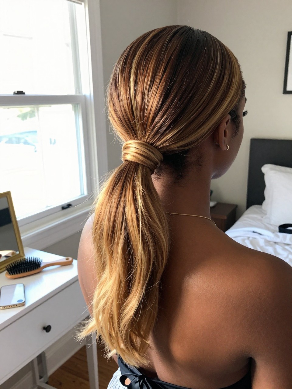 Photo of a black woman wearing a sleek low ponytail with brown hair and blonde chunky highlights through the tail and ends, back-of-head view to highlight details, in a sun-drenched bedroom, natural window light, containing a small lived-in detail such as a black ribbon tied at the base and a hairbrush on the vanity, latest iPhone photo quality.
