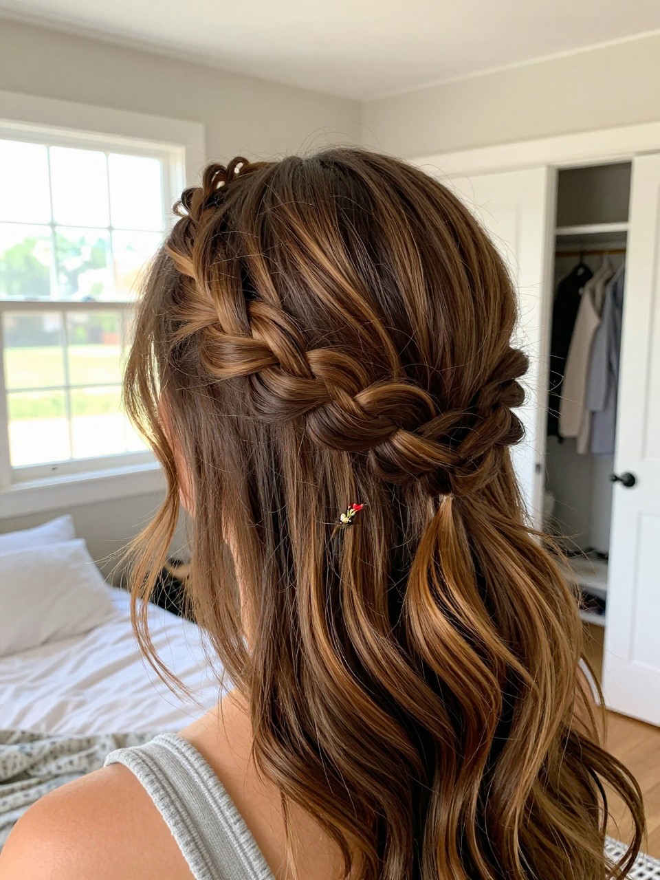 Photo of a woman wearing a braided crown on brown hair with warm highlights and deeper lowlights woven throughout, back-of-head view to highlight details, in a sun-drenched bedroom, natural window light, containing a small lived-in detail such as a tiny flower pin and a slightly open closet behind, latest iPhone photo quality.
