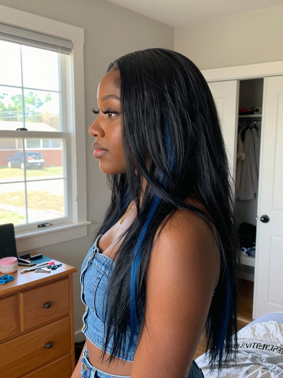 Photo of a black woman wearing long black layered hair with denim blue highlights and soft body, side profile view, in a sun-drenched bedroom, natural window light, containing a small lived-in detail such as sectioning clips on the dresser and a slightly open closet behind, latest iPhone photo quality.