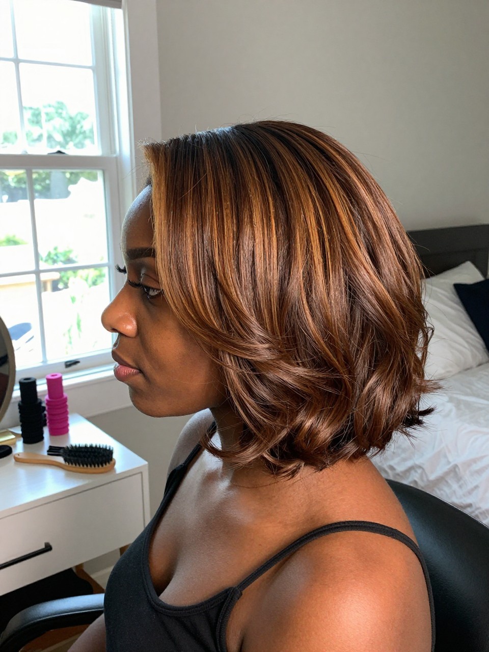 Photo of a Black woman wearing a side part brown blowout with maple brown highlights, side profile view, in a sun-drenched bedroom, natural window light, containing a small lived-in detail such as velcro rollers on the vanity and a round brush nearby, latest iPhone photo quality.