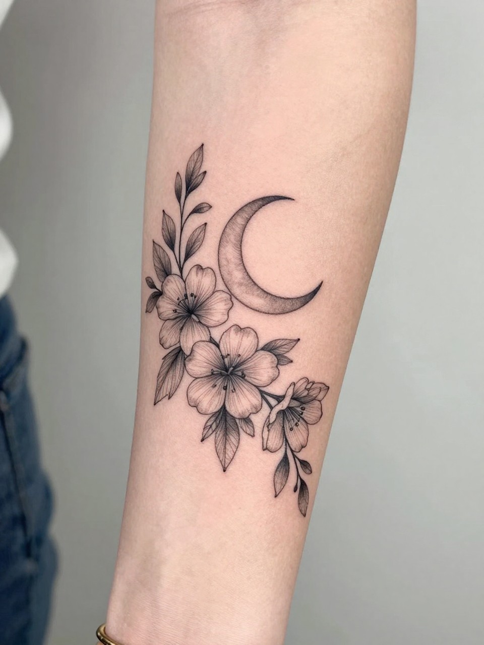 Image Prompt: "Design-focused close-up of a hawthorne tattoo with a tiny crescent moon on the inner arm, black ink fine line floral design, delicate clustered blossoms, soft shading, delicate celestial accent, realistic skin texture, gold bracelet lightly visible, feminine modern tattoo inspiration photo, clean soft background, tattoo is the hero (no watermarks on images)"