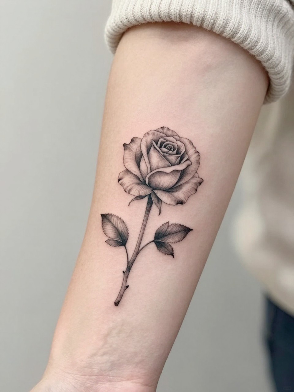 Image Prompt: "Extreme close-up of a fine line June birth flower rose tattoo on the forearm, delicate black ink floral design with layered petals, subtle grey shading, realistic skin texture, neutral manicure, soft knit sleeve slightly visible, design-focused close-up, feminine modern tattoo inspiration photo, minimal soft background, tattoo is the clear main subject (no watermarks on images)"