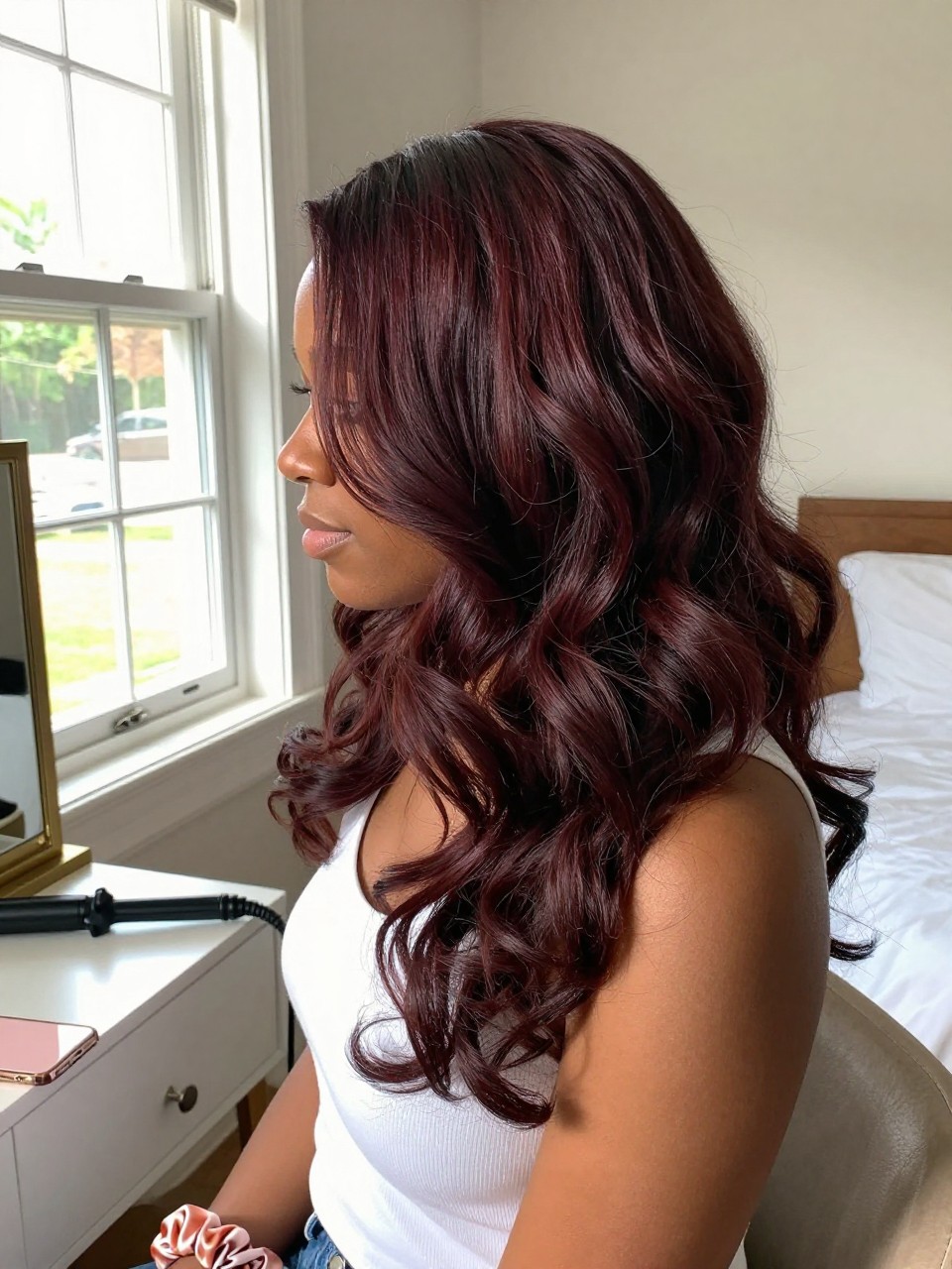 Photo of a black woman wearing deep mahogany brown hair in loose brushed waves, side profile view, sun-drenched bedroom setting, natural window light, with a curling iron on the vanity and a silk scrunchie on her wrist, latest iPhone photo quality.