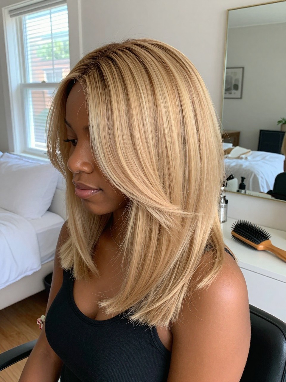 Photo of a black woman wearing sandy beige blonde hair with soft face-framing movement, back-of-head view to highlight the neutral blonde tone, sun-drenched bedroom setting, natural window light, with a blowout brush on the vanity and a silk scrunchie on her wrist, latest iPhone photo quality.