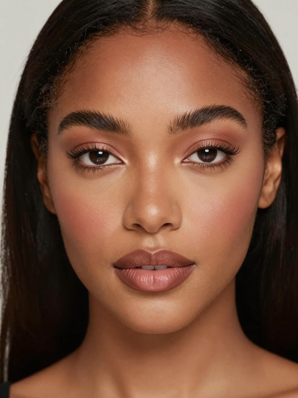 IMAGE_PROMPT: Super realistic close-up beauty portrait of a Black woman wearing clean girl makeup with smooth satin skin, softly brightened under-eyes, muted rose-brown blush, brown nude satin lips, natural defined lashes, and softly groomed brows, shot from a front-facing portrait, with soft beauty lighting that clearly reveals the satin complexion and realistic skin texture, realistic skin texture, sleek straight hair, minimal blurred background, feminine modern beauty photography, latest iPhone photo quality (no watermarks on images).