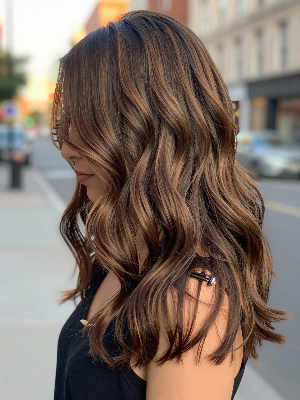 Photo of a woman wearing brunette hair with soft honey babylights in loose brushed waves, back-of-head view to highlight the fine highlights, softly blurred city street background, golden hour glow, with statement earrings peeking through and a hair clip clipped to her collar, latest iPhone photo quality.