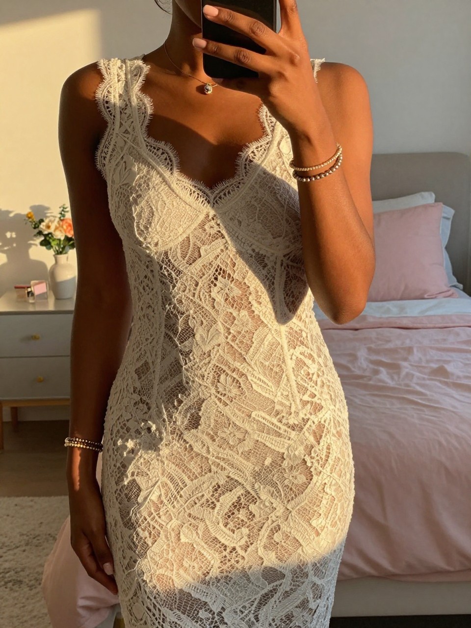 mirror selfie of a black woman in a lace dress, showing her bracelet stack, cropped at NECK so face doesn't show, in a feminine-themed bedroom, evening golden hour, iPhone photo quality.