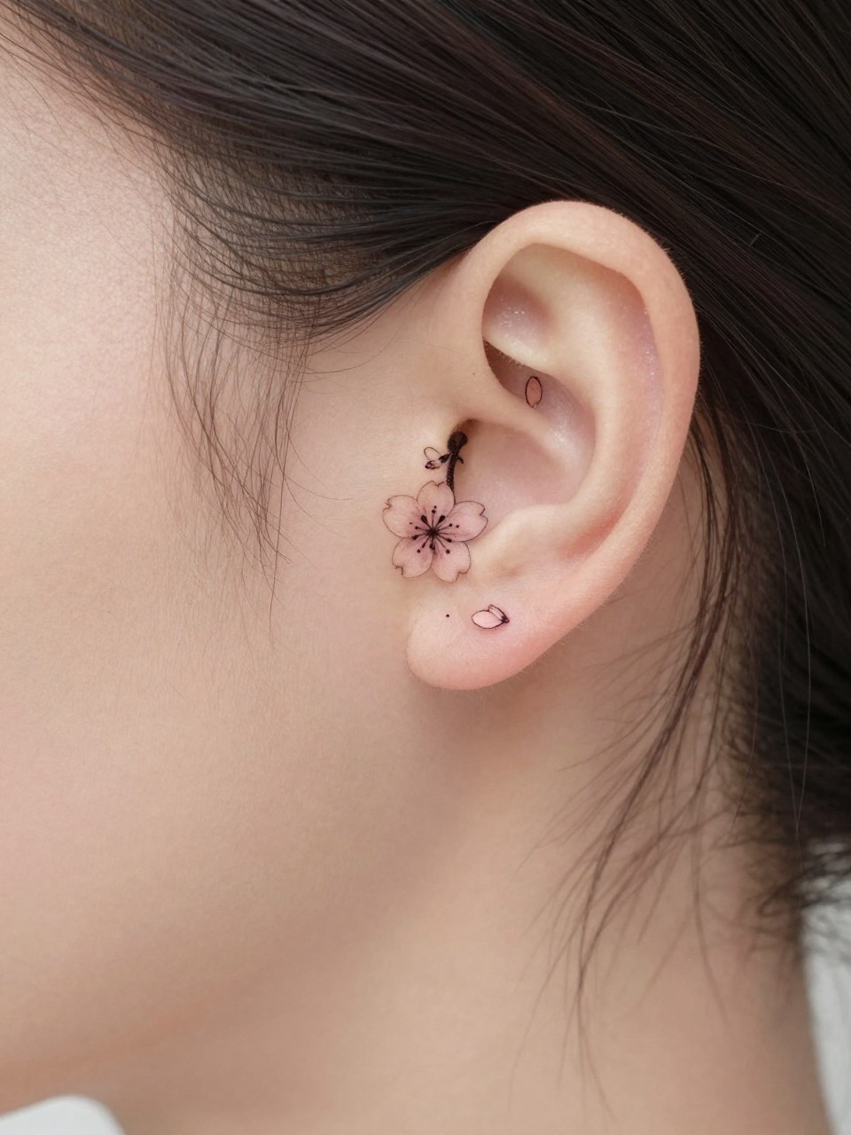 Image Prompt: "Macro shot of a tiny sakura flower tattoo behind the ear, fine line black ink floral design with small cherry blossom petals and soft shading, realistic skin texture, a few loose strands of hair framing the placement, minimal feminine styling, tight crop, soft clean background, tattoo inspiration image (no watermarks on images)"