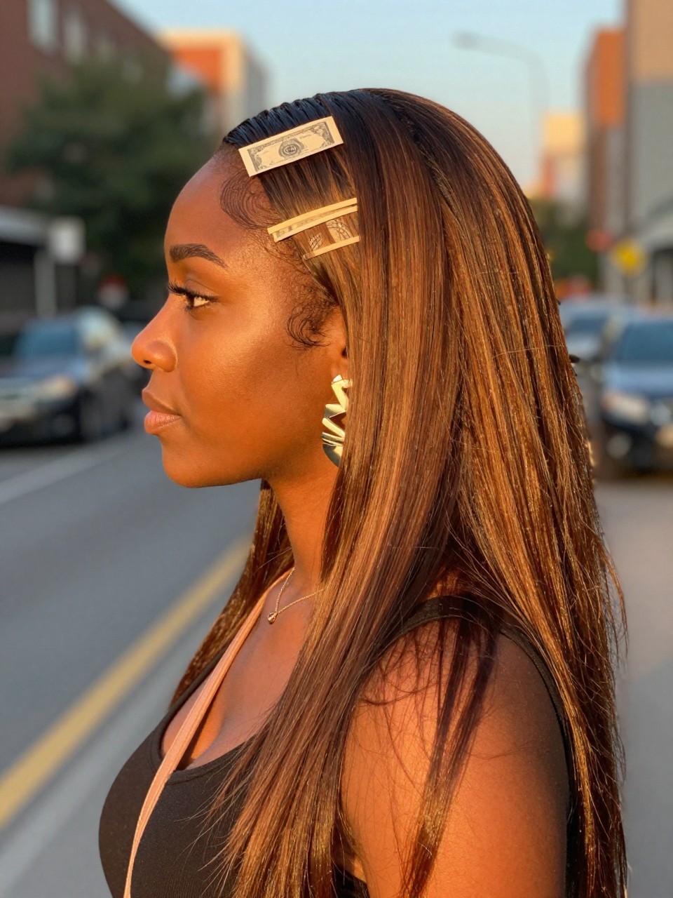 Photo of a black woman wearing long straight brown hair with thick blonde chunky money pieces at the front, side profile view, in a softly blurred city street background, golden hour glow, containing a small lived-in detail such as statement earrings peeking through and a crossbody strap on the shoulder, latest iPhone photo quality.