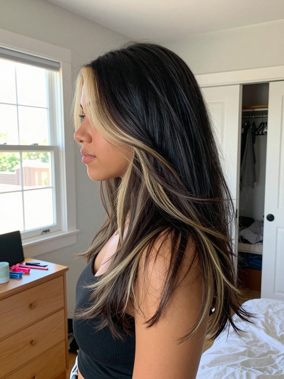 Photo of a biracial woman wearing long layered black hair with beige blonde highlights and soft movement, side profile view, in a sun-drenched bedroom, natural window light, containing a small lived-in detail such as sectioning clips on the dresser and a slightly open closet behind, latest iPhone photo quality.