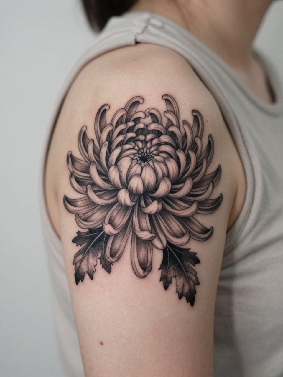 Image Prompt: "Extreme close-up of a chrysanthemum flower tattoo on the rounded shoulder, black and grey ink with many fine petals, soft shading, detailed floral texture, realistic skin texture, sleeveless neutral top softly visible, feminine modern tattoo inspiration photo, minimal background, tattoo occupies most of the visual attention (no watermarks on images)"
