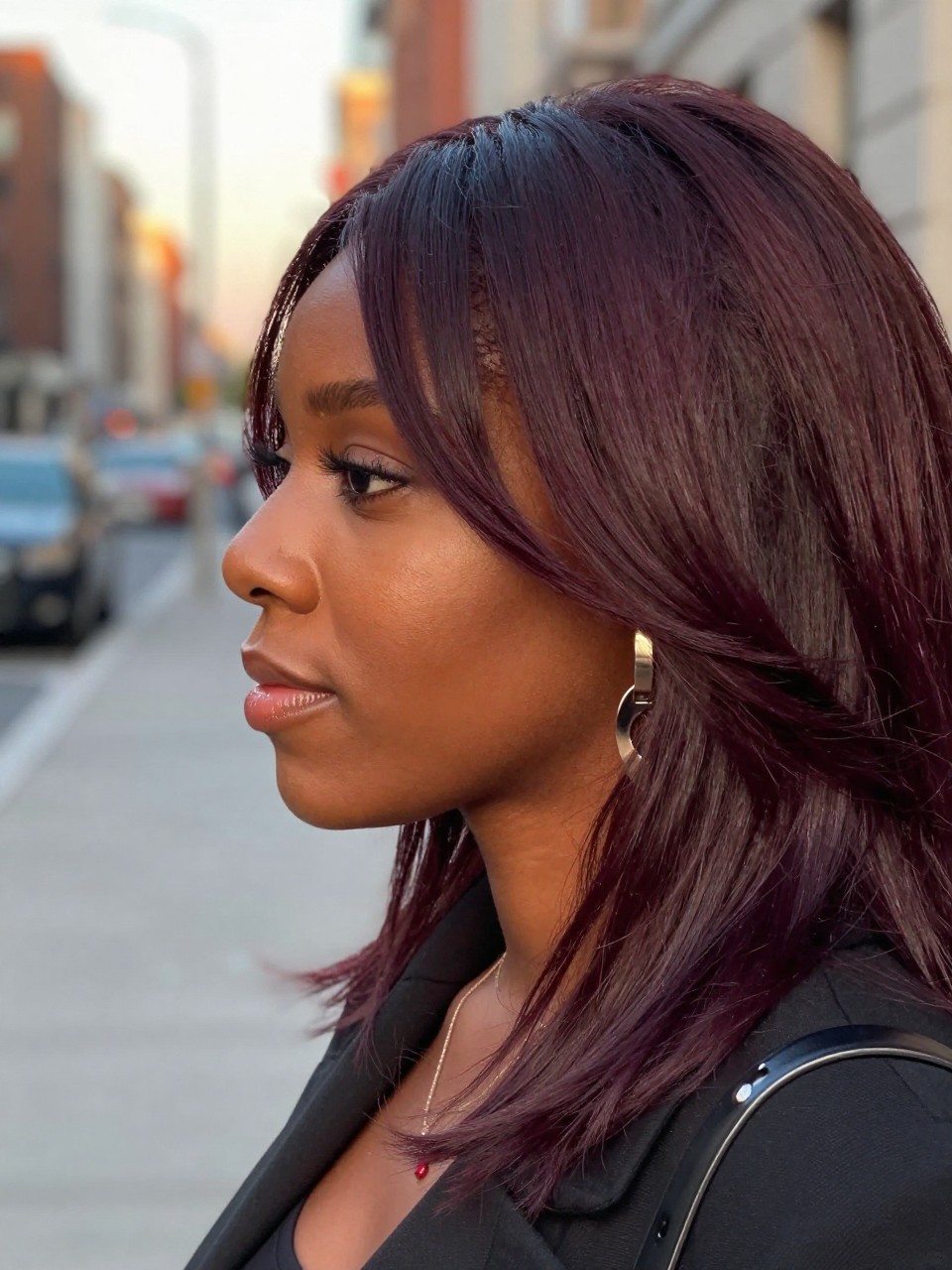 Photo of a black woman wearing dark mahogany hair with soft face-framing layers, side profile view, softly blurred city street background, golden hour glow, with statement earrings peeking through and a hair clip clipped to her collar, latest iPhone photo quality.