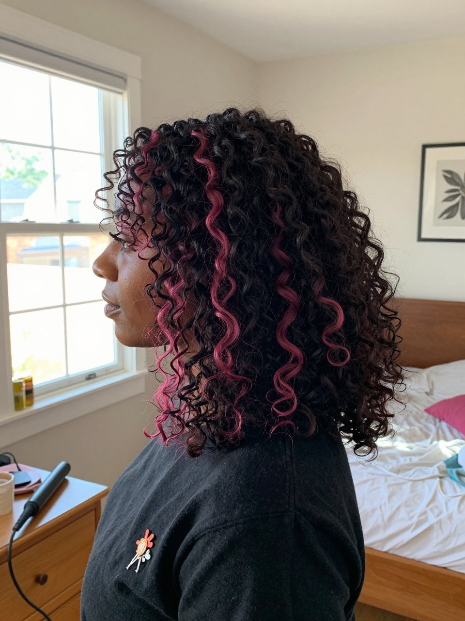 Photo of a black woman wearing soft black curls with berry pink highlight streaks, side profile view, in a sun-drenched bedroom, natural window light, containing a small lived-in detail such as a decorative pin on one side and a curling iron resting on the nightstand, latest iPhone photo quality.