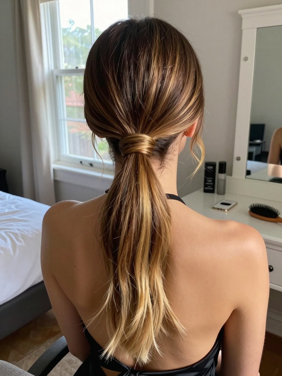 Photo of a woman wearing a sleek low ponytail with brunette hair and blonde highlights through the tail and ends, back-of-head view to highlight details, in a sun-drenched bedroom, natural window light, containing a small lived-in detail such as a black ribbon tied at the base and a hairbrush on the vanity, latest iPhone photo quality.