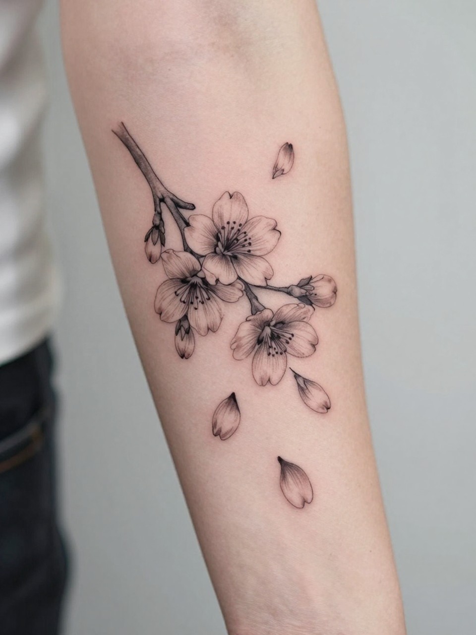 Image Prompt: "Extreme close-up of a sakura tattoo with a few falling petals on the forearm, black ink fine line floral design, delicate petal movement, soft shading, realistic skin texture, coffee cup softly blurred nearby, modern feminine tattoo inspiration image, minimal background, tattoo-centered composition (no watermarks on images)"