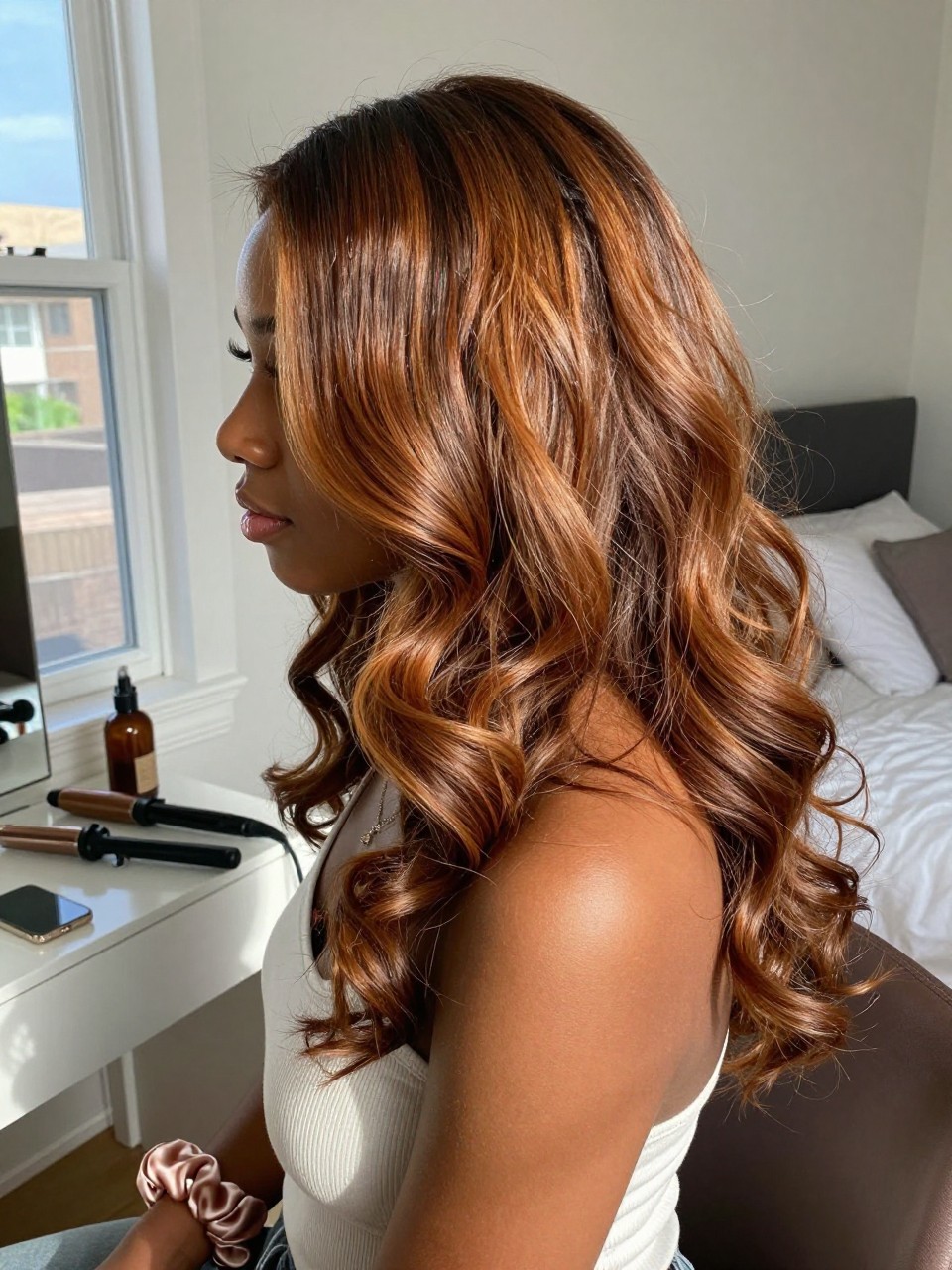 Photo of a dark skin woman wearing soft honey brown hair in loose brushed waves, side profile view, sun-drenched bedroom setting, natural window light, with a curling iron on the vanity and a silk scrunchie on her wrist, latest iPhone photo quality.