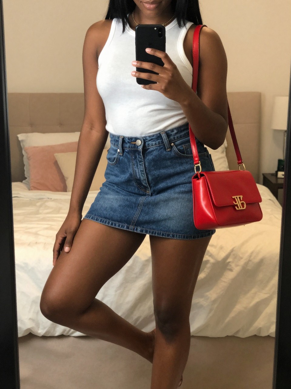 mirror selfie of a Black woman wearing a denim skirt with a white top and bright red accessories, standing with her weight on one leg and phone low, cropped at NECK so face doesn't show, in a feminine-themed bedroom, warm moody lighting, iPhone photo quality.