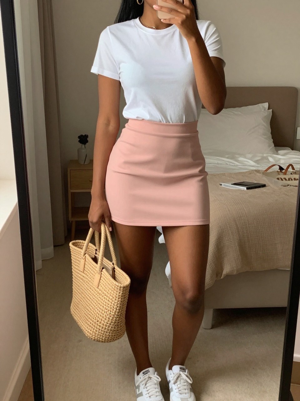 iPhone mirror selfie of a black woman wearing a white crewneck t-shirt tucked into a blush pink A-line mini skirt with white sneakers and gold hoop earrings, holding a straw tote bag, standing in a relaxed pose, cropped at NECK so face doesn't show, in a feminine-themed bedroom, warm moody lighting, iPhone photo quality.