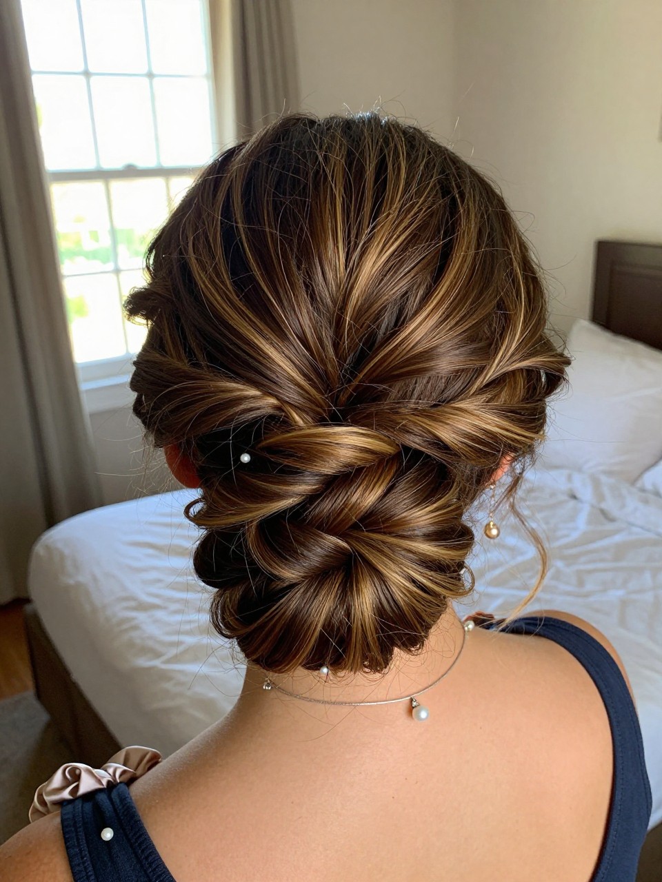 Photo of a mexican woman wearing a low textured bun on brunette hair with blonde highlights woven through the twists, back-of-head view to highlight details, in a sun-drenched bedroom, natural window light, containing a small lived-in detail such as a pearl pin and a silk scrunchie on the wrist, latest iPhone photo quality.