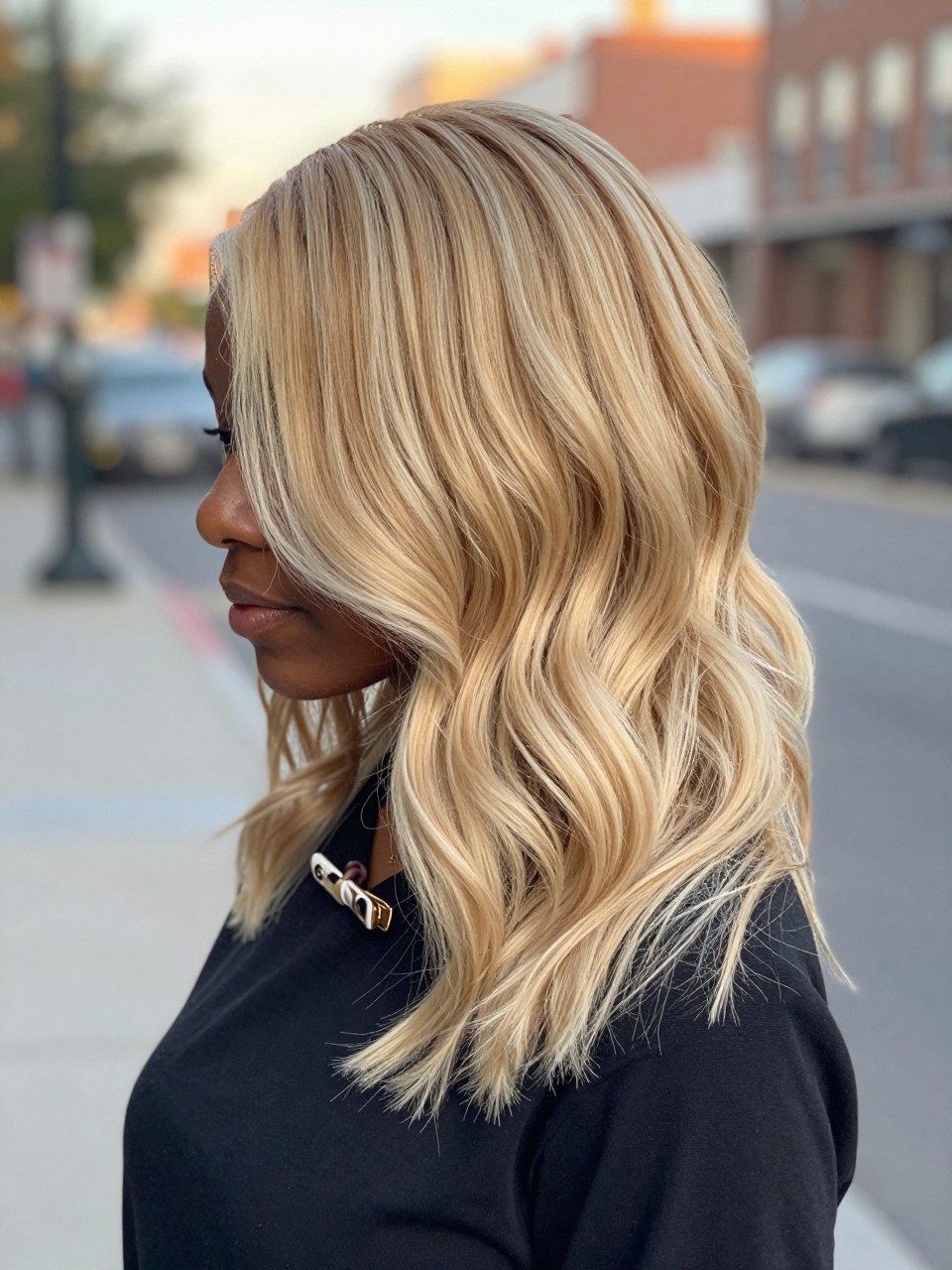 Photo of a black woman wearing champagne blonde balayage with soft blended waves, back-of-head view to highlight the light blonde dimension, softly blurred city street background, golden hour glow, with a hair clip clipped to her collar and a silk scrunchie on her wrist, latest iPhone photo quality.
