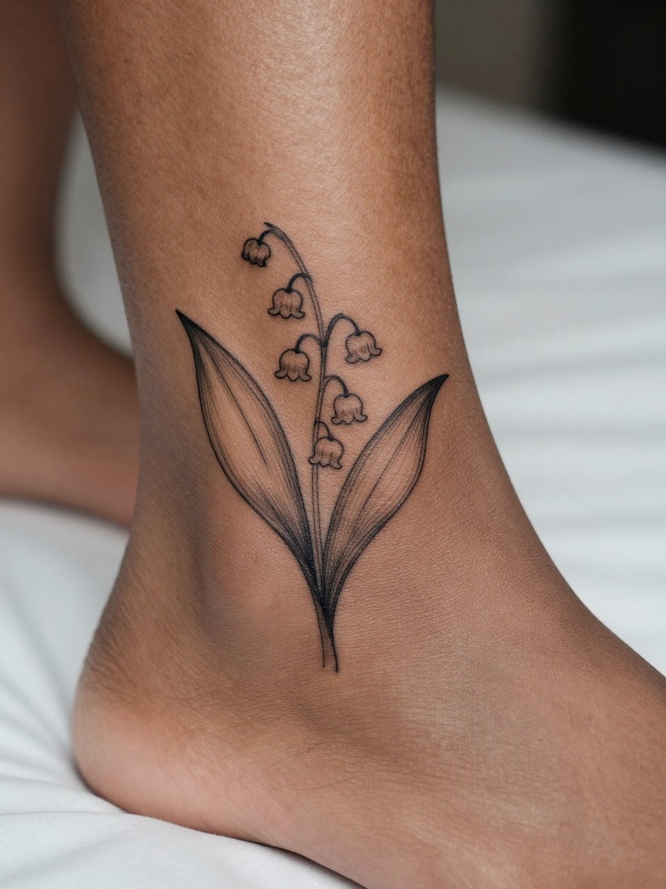 Image Prompt: "Macro shot of a minimalist lily of the valley tattoo on the ankle of a black feminine woman, black ink fine line floral design with tiny bell blooms and very subtle shading, realistic skin texture, neutral pedicure, soft bedding in the background, design-first composition, modern feminine tattoo inspiration photo, tattoo clearly in focus (no watermarks on images)"
