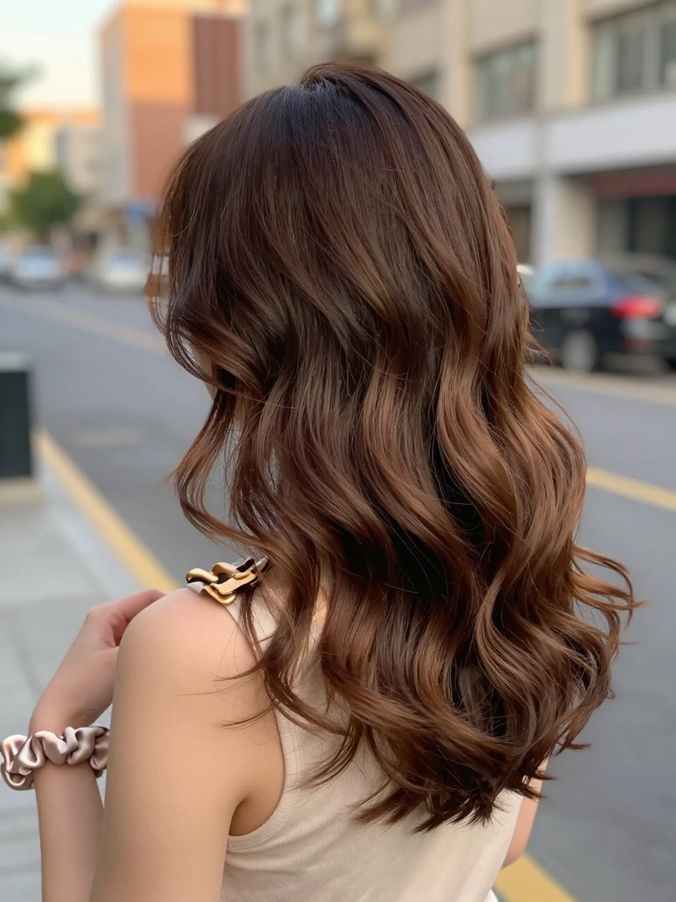 Photo of a woman wearing mocha brown hair with soft caramel ends in loose curls, back-of-head view to highlight the darker roots and warmer ends, softly blurred city street background, golden hour glow, with a hair clip clipped to her collar and a silk scrunchie on her wrist, latest iPhone photo quality.