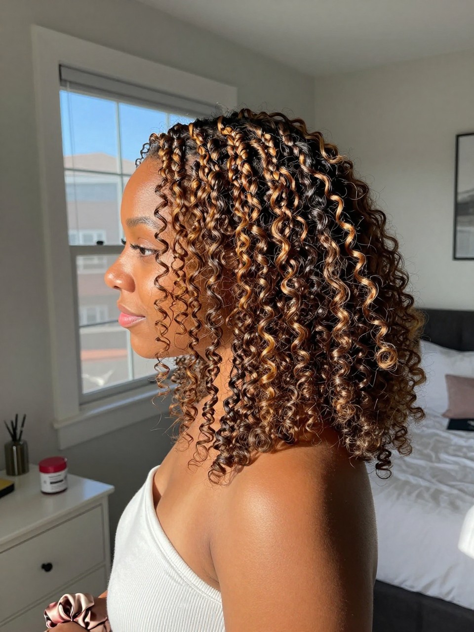 Photo of a Black woman wearing defined natural curls with honey brown highlights woven throughout, side profile view, in a sun-drenched bedroom, natural window light, containing a small lived-in detail such as a curl cream jar on the dresser and a silk scrunchie on the wrist, latest iPhone photo quality.
