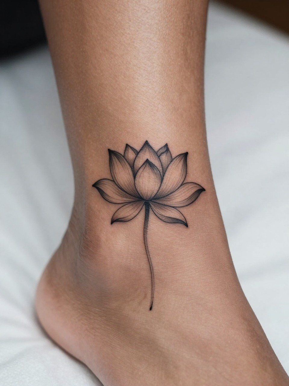 Image Prompt: "Macro shot of a minimalist black ink lotus flower tattoo on the ankle of a black feminine woman, fine line outline, tiny clean petals, very subtle shading, realistic skin texture, soft bedding in the background, neutral pedicure, tattoo is the main focus, close-up modern feminine tattoo inspiration image, minimal composition (no watermarks on images)"
