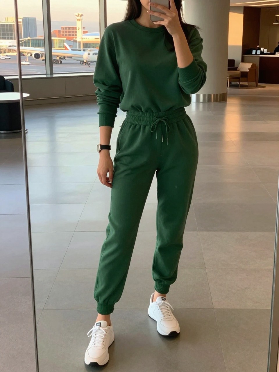 mirror selfie of a woman in a green jogger set and white sneakers, standing in an airport or hotel lobby, cropped at NECK so face doesn't show, in a city apartment, evening golden hour, iPhone photo quality.